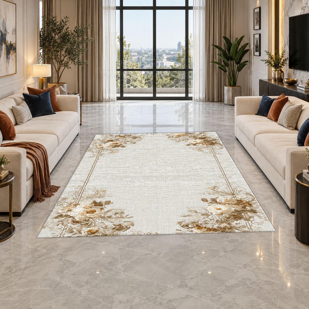 Ivory Floral Corner Minimalist printed area rug