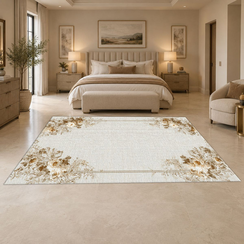 Ivory Floral Corner Minimalist printed area rug
