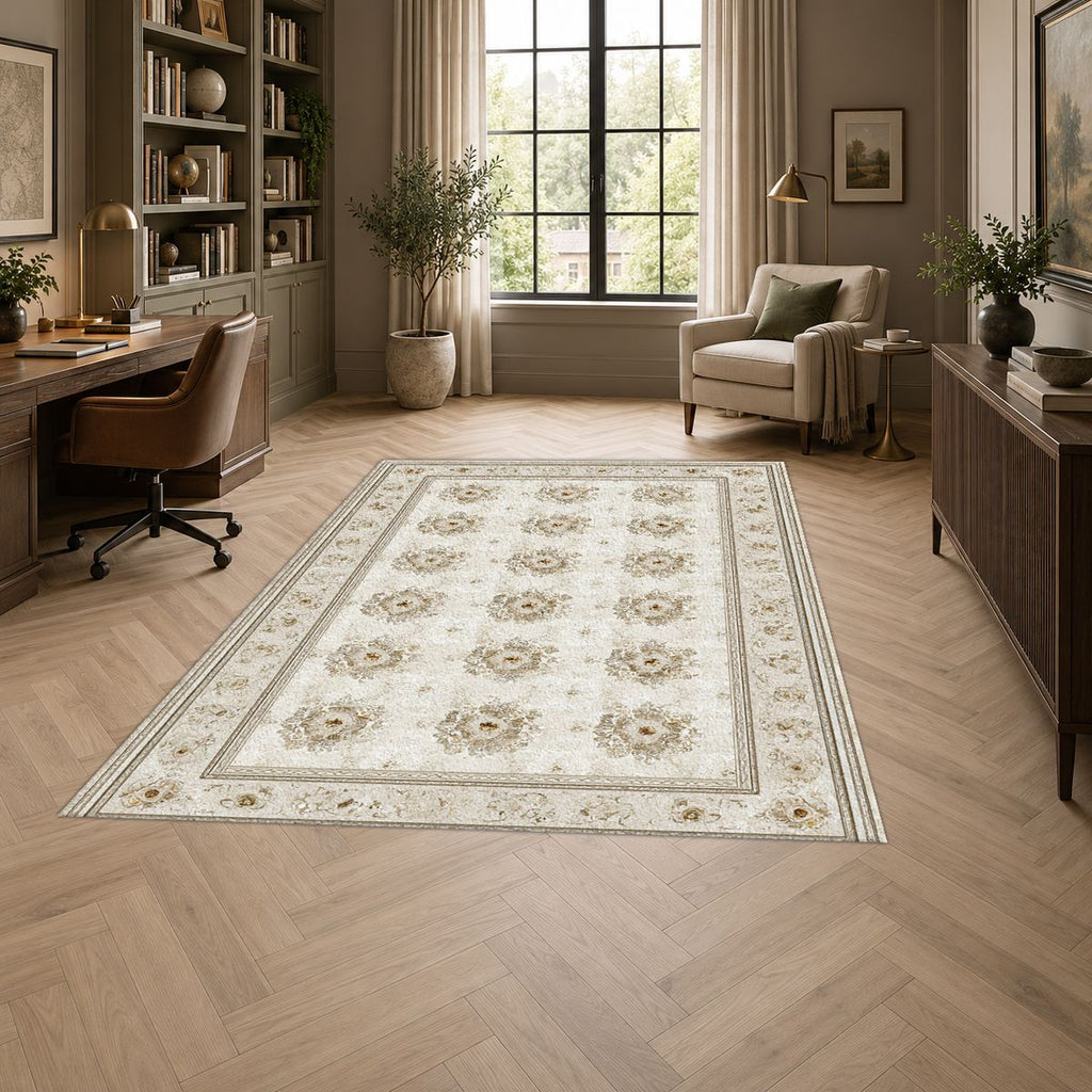 Cream Trellis Medallion Grid printed area rug
