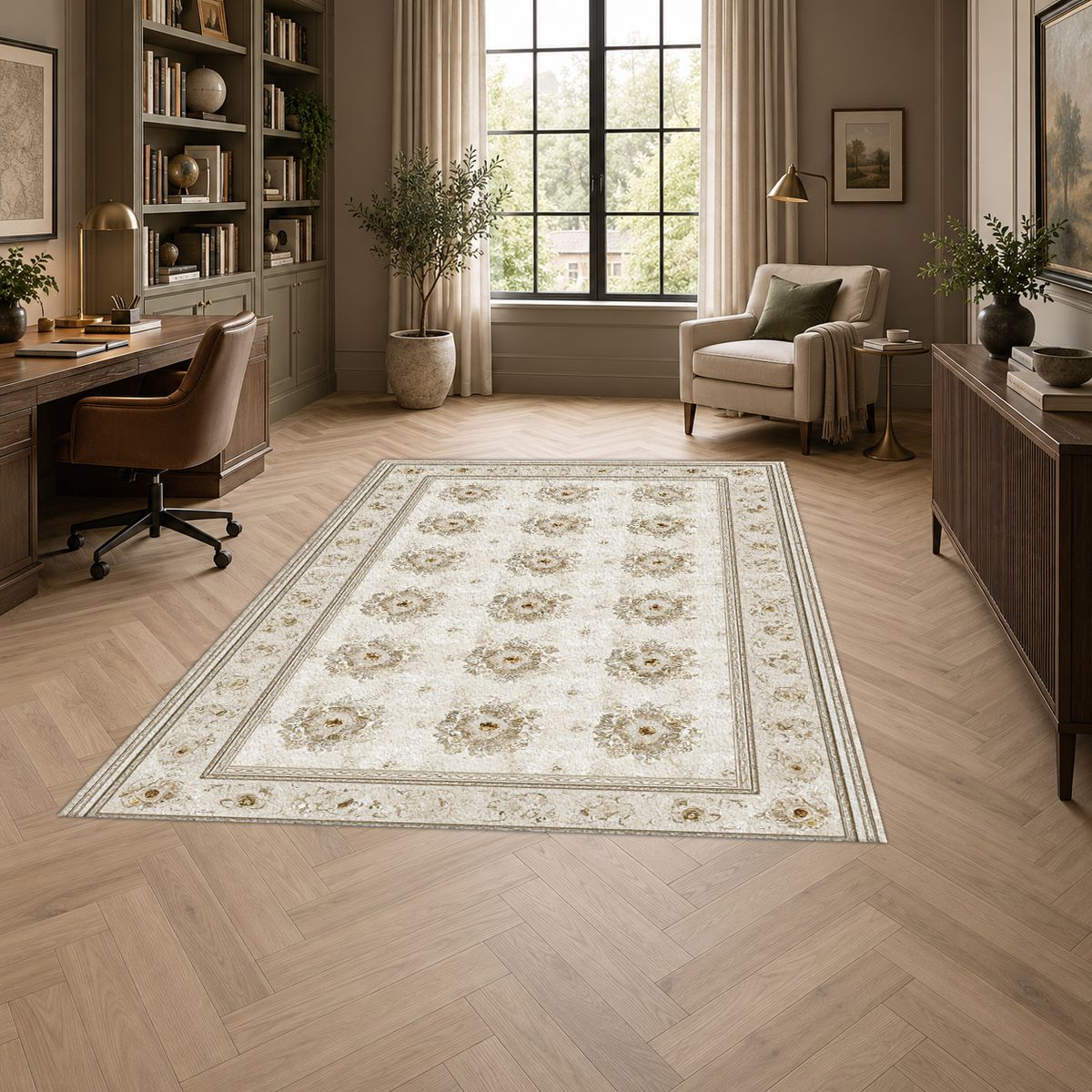 Cream Trellis Medallion Grid printed area rug