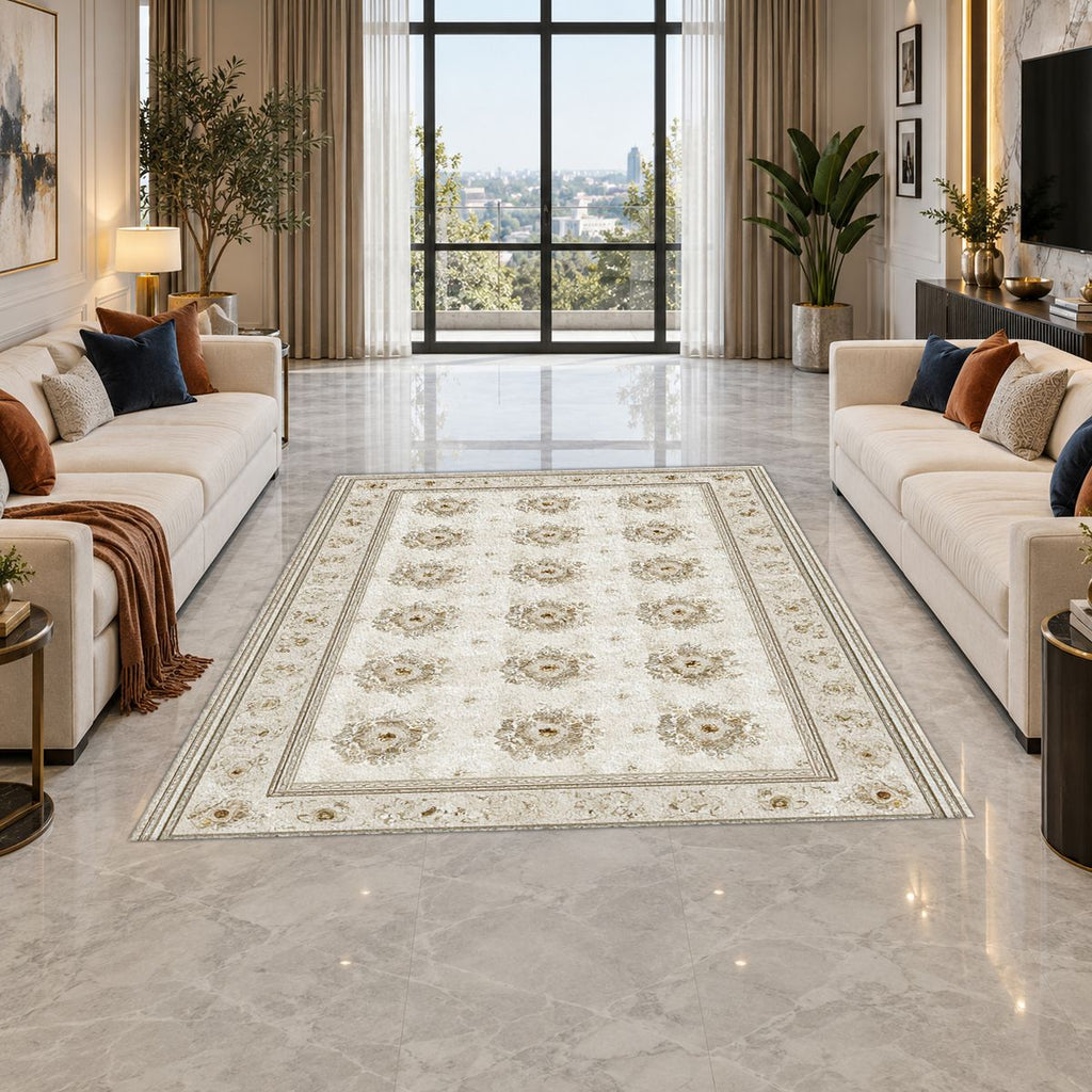 Cream Trellis Medallion Grid printed area rug