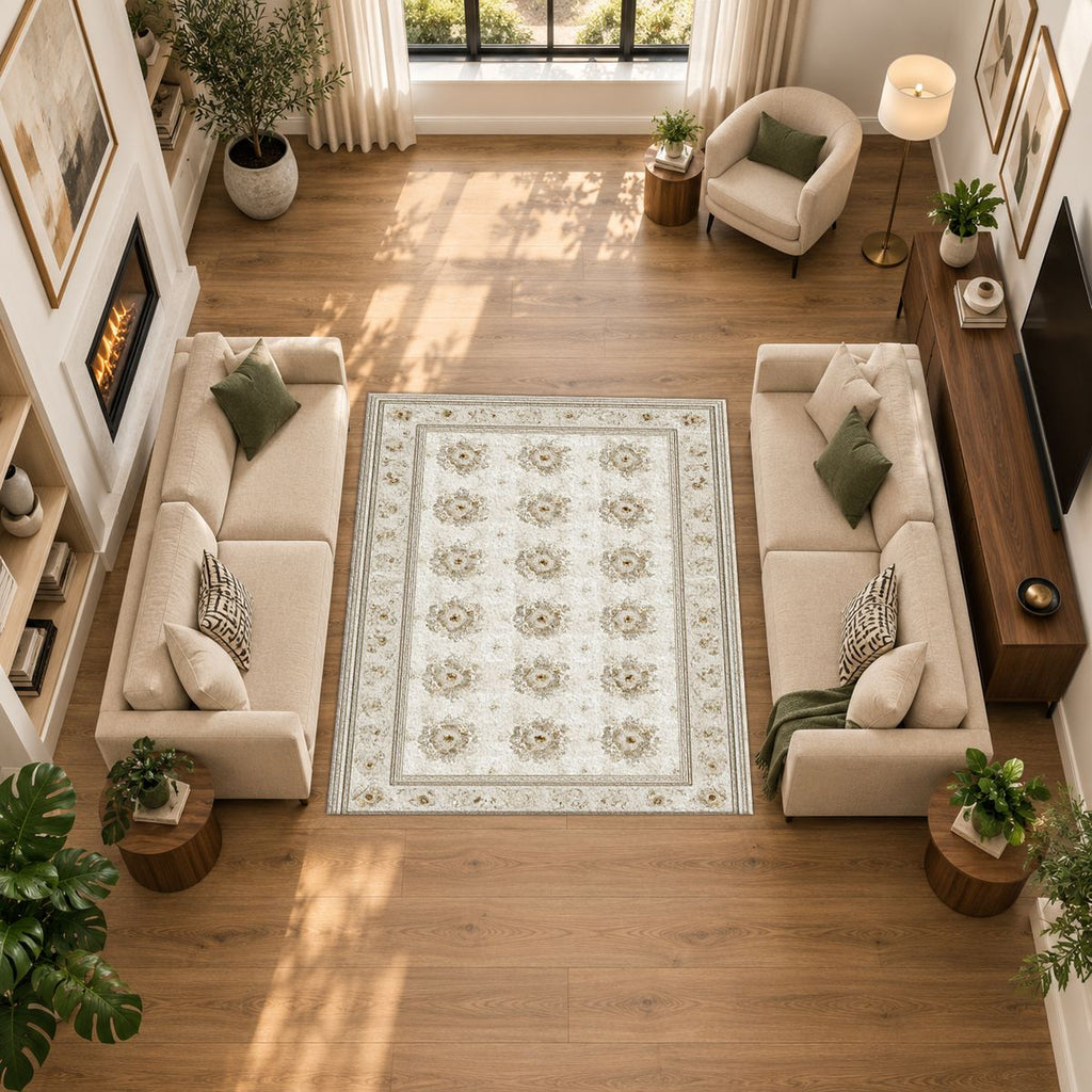 Cream Trellis Medallion Grid printed area rug