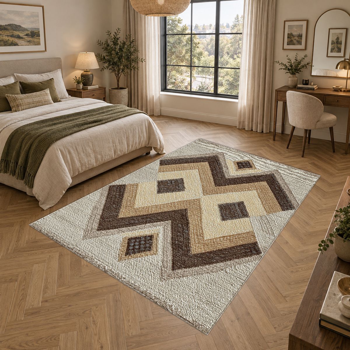 Brown and Beige Geometric Kilim printed area rug