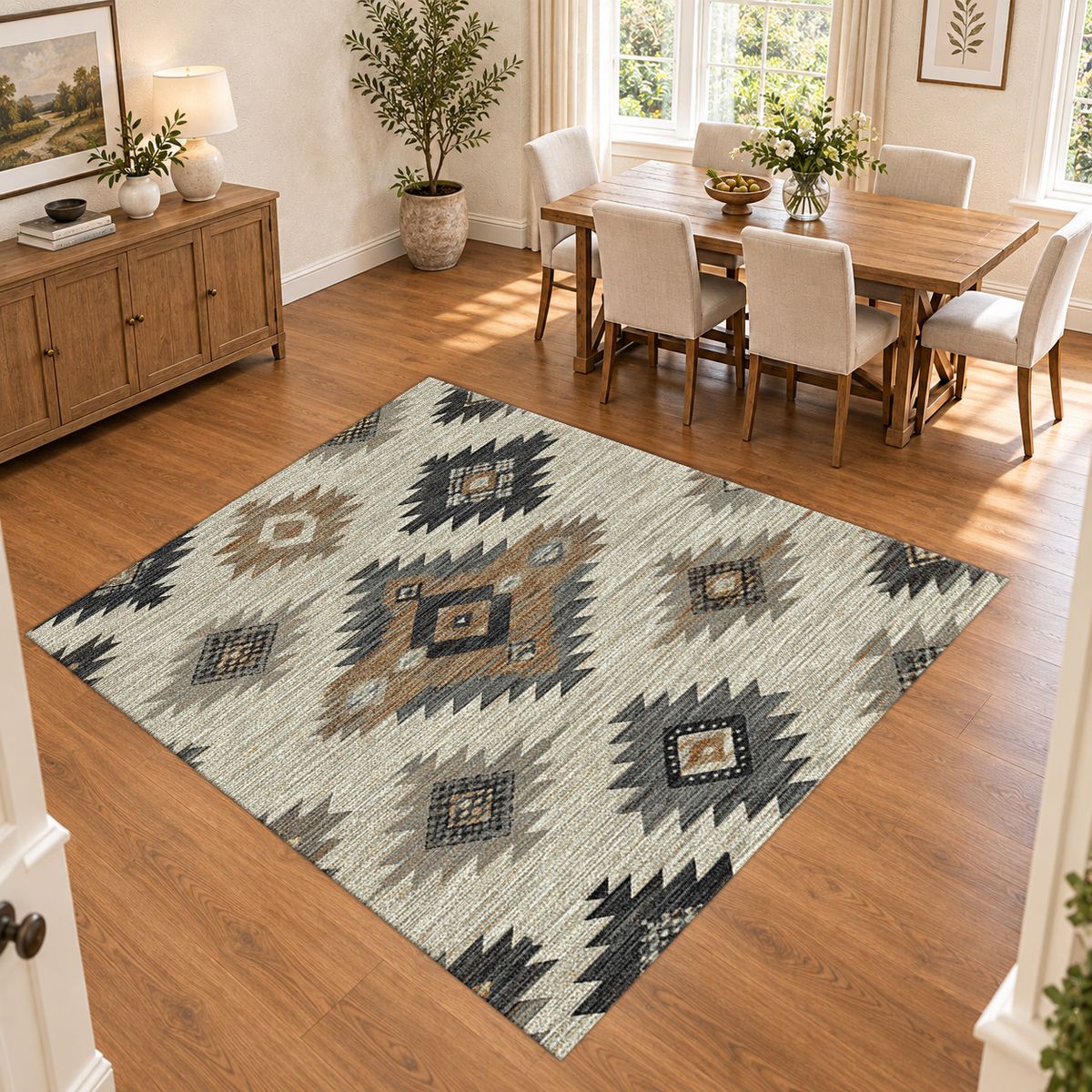 Gray and Beige Aztec Diamond printed area rug