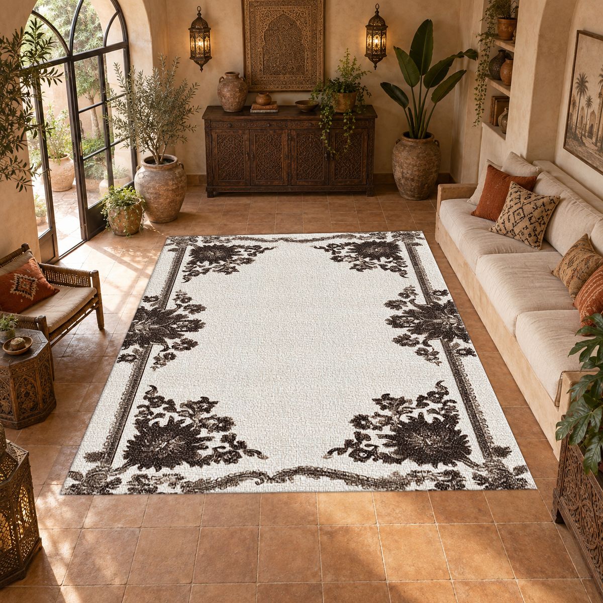 Ivory and Brown Floral Border printed area rug