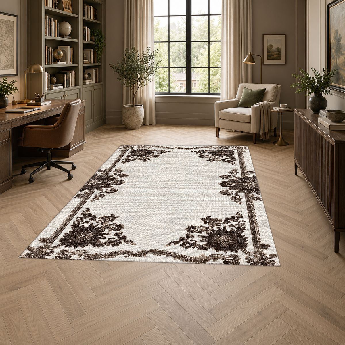 Ivory and Brown Floral Border printed area rug