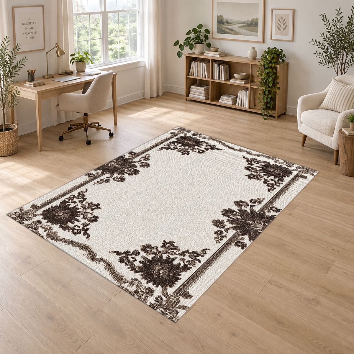 Ivory and Brown Floral Border printed area rug