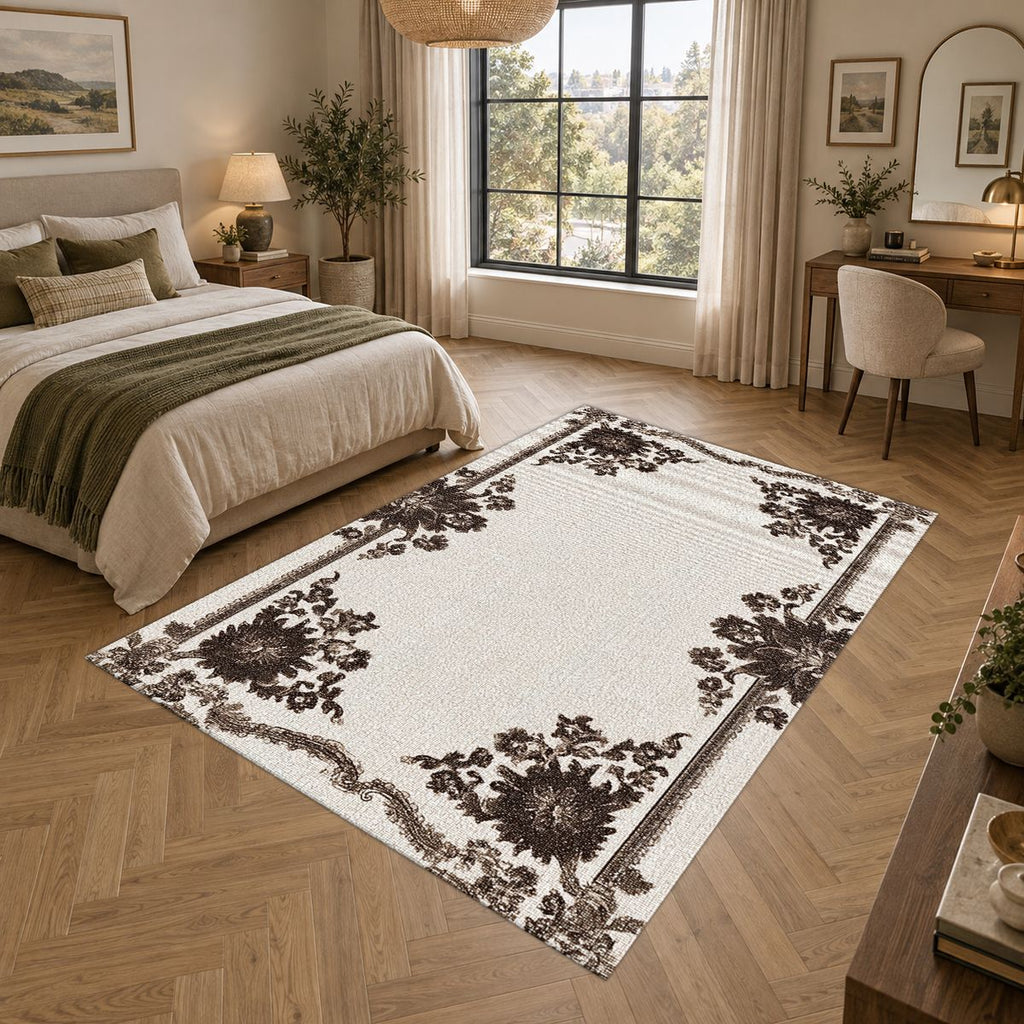 Ivory and Brown Floral Border printed area rug