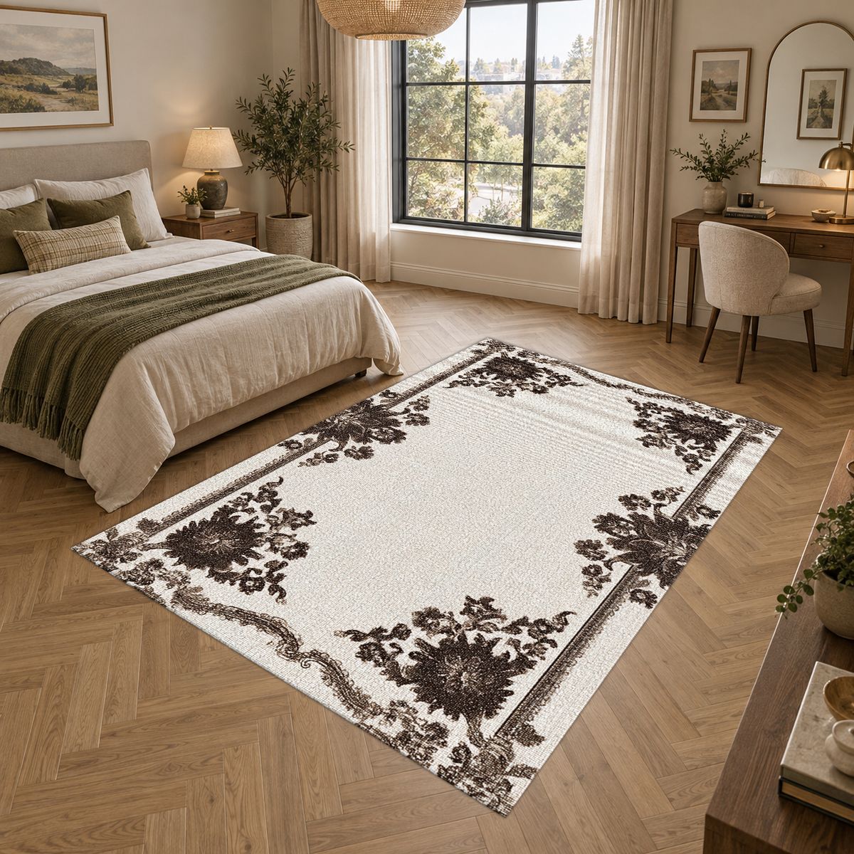 Ivory and Brown Floral Border printed area rug