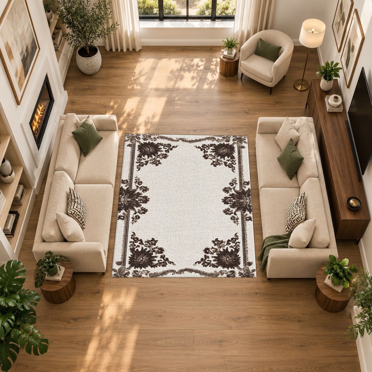 Ivory and Brown Floral Border printed area rug