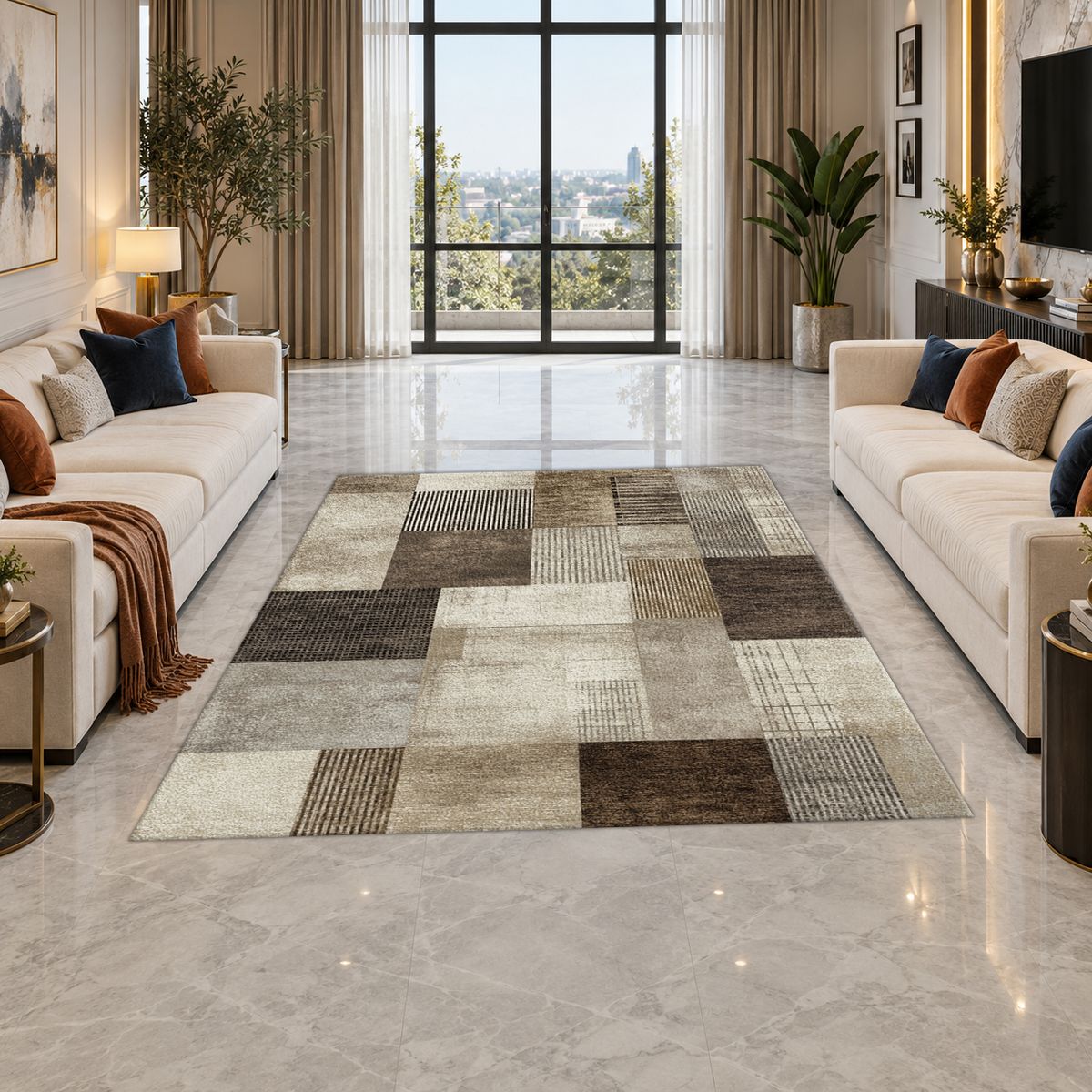 Gray and Brown Modern Patchwork printed area rug