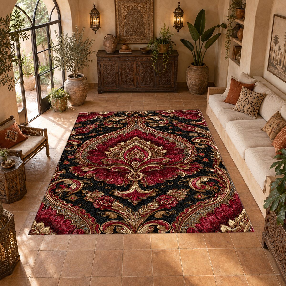 Burgundy and Gold Baroque Damask printed area rug