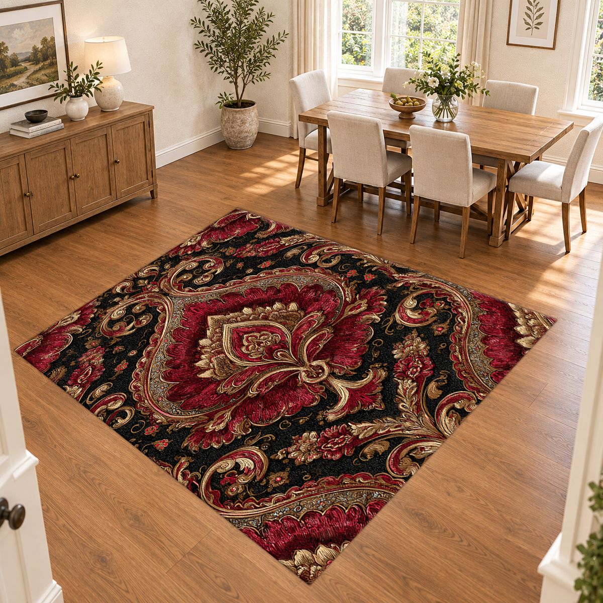 Burgundy and Gold Baroque Damask printed area rug