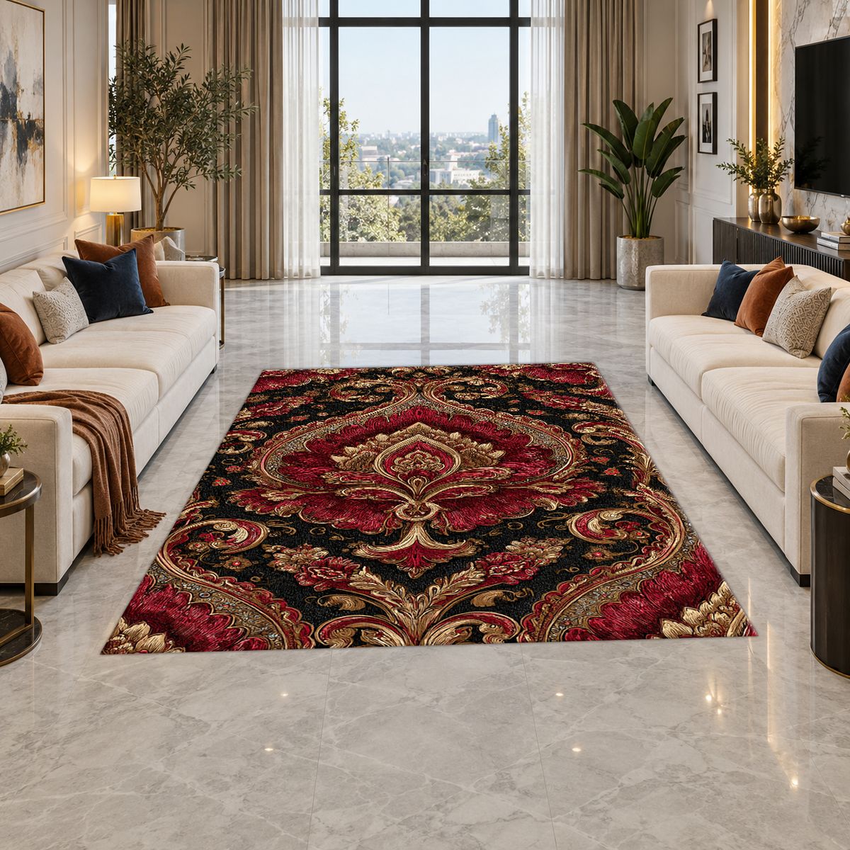 Burgundy and Gold Baroque Damask printed area rug