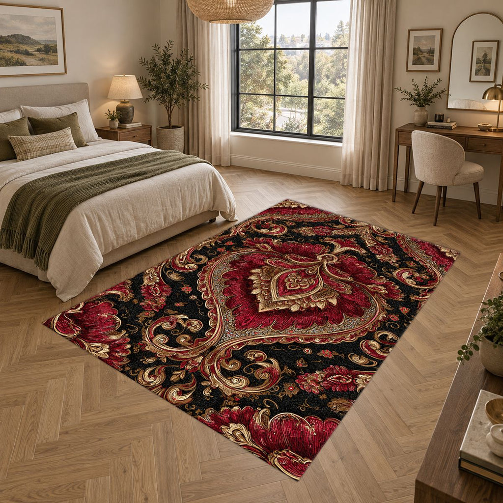 Burgundy and Gold Baroque Damask printed area rug