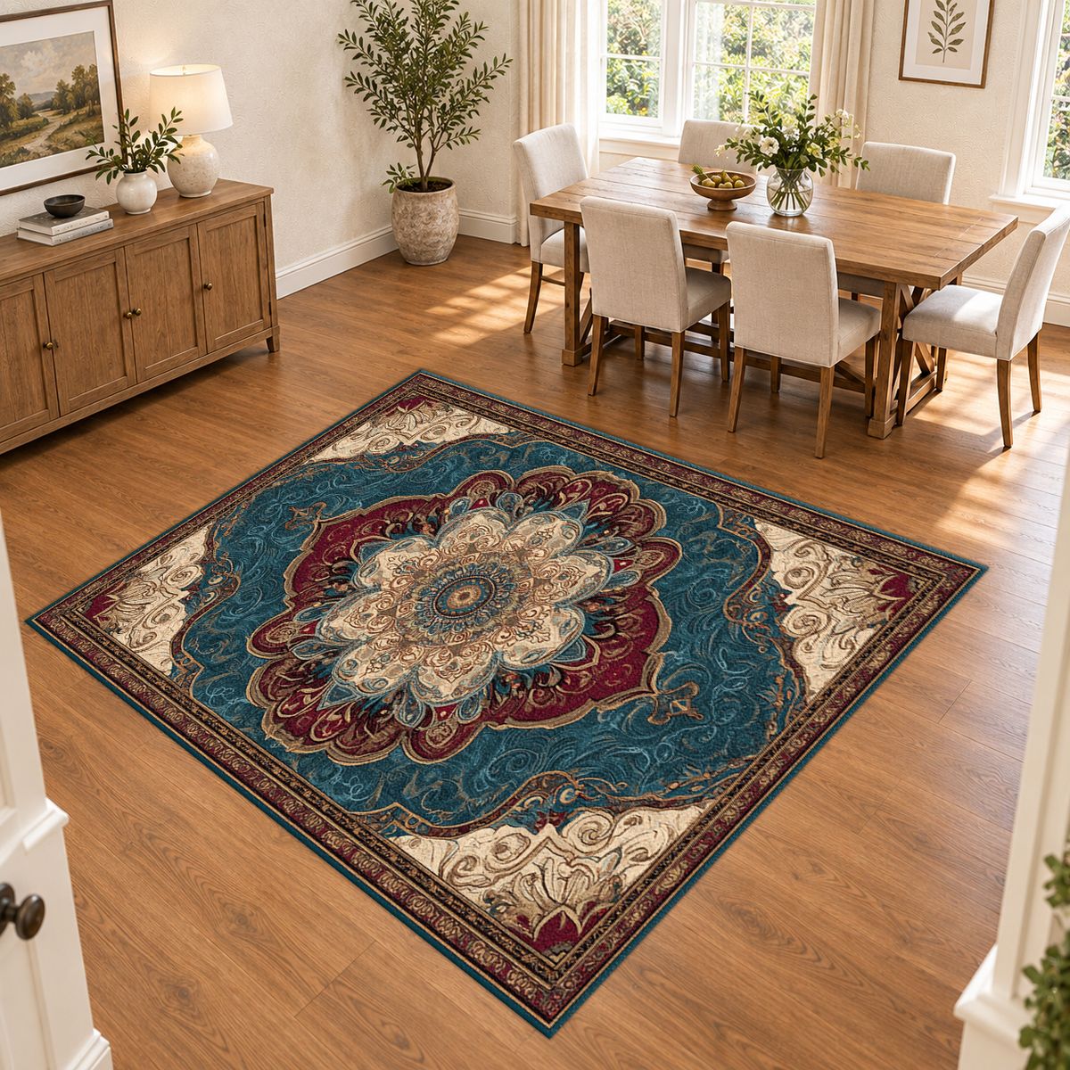 Teal and Peach Vintage Medallion printed area rug