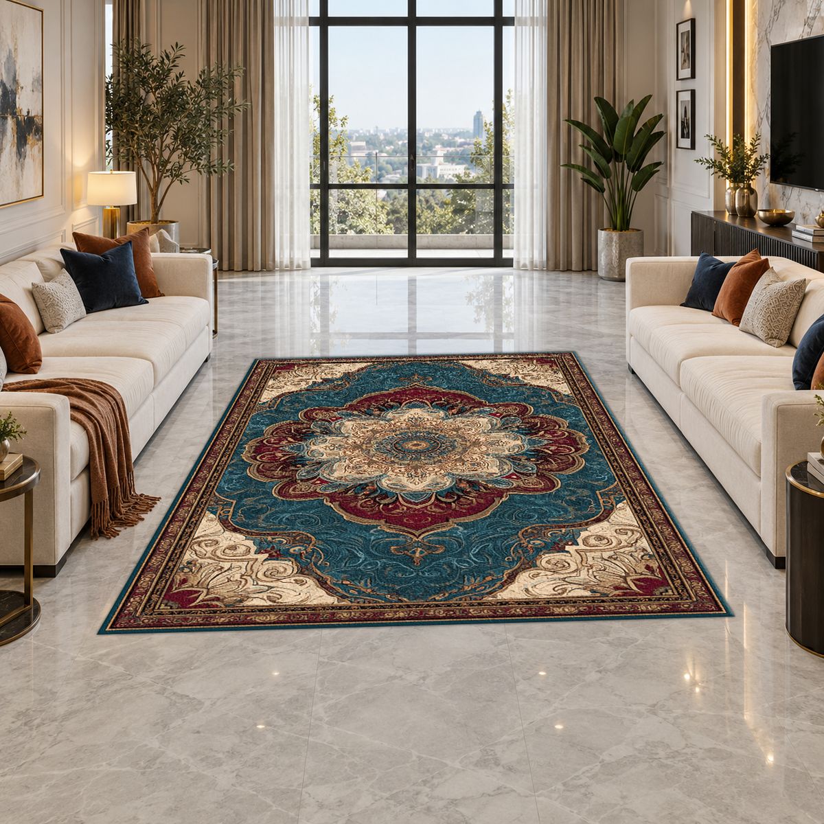 Teal and Peach Vintage Medallion printed area rug