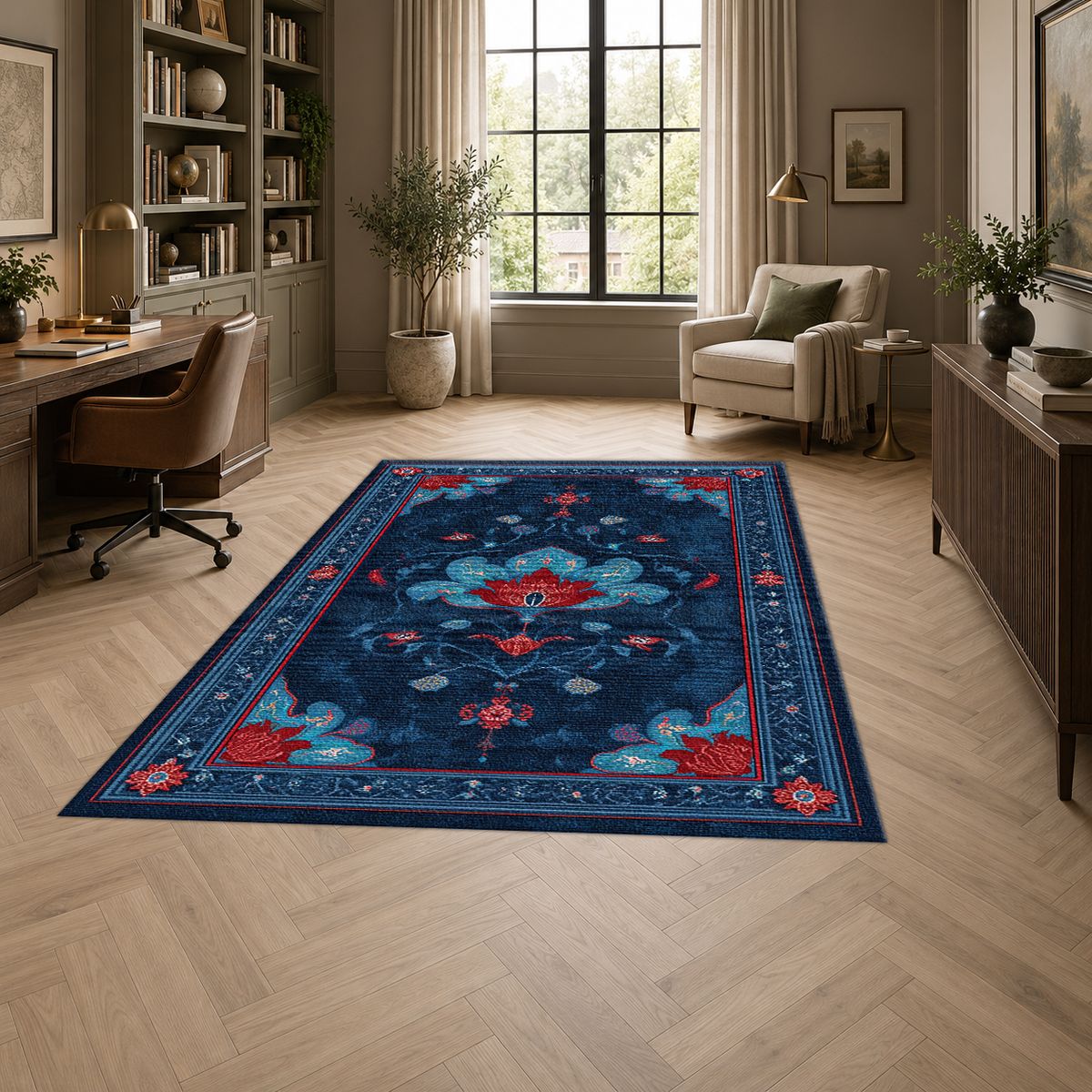 Navy and Red Tree of Life printed area rug
