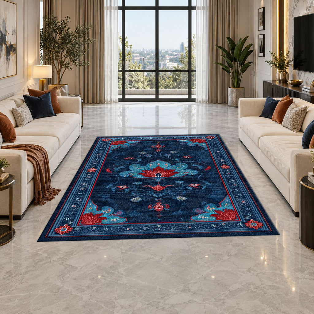Navy and Red Tree of Life printed area rug