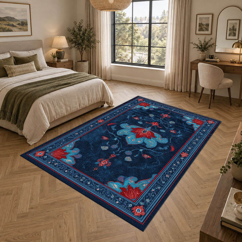 Navy and Red Tree of Life printed area rug