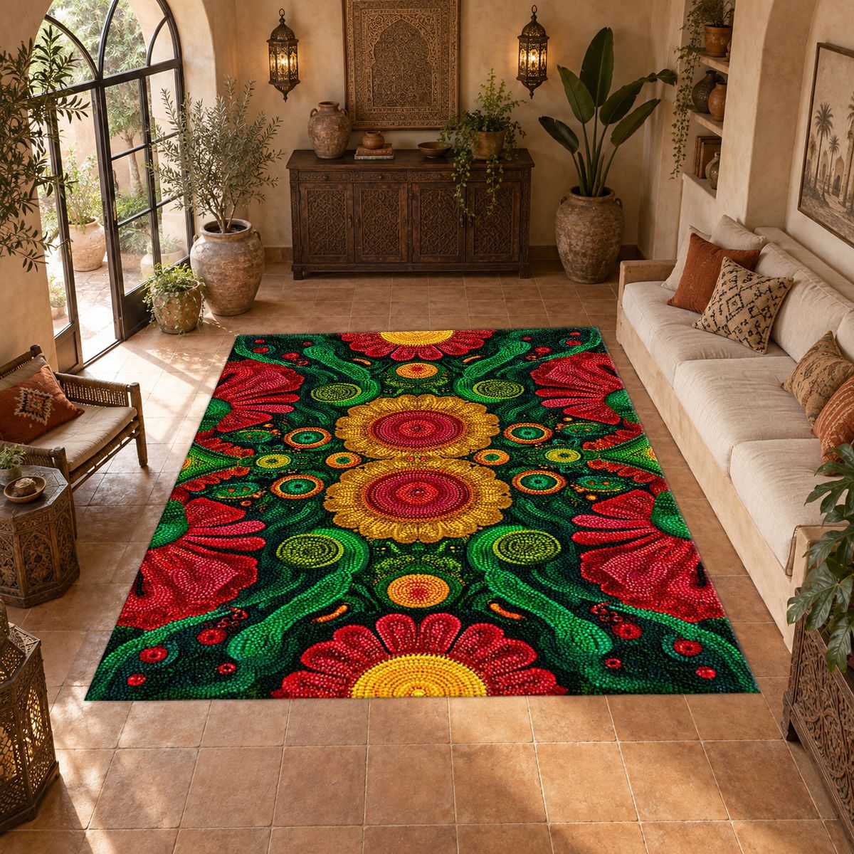 Green and Red Sunflower Folk Art printed area rug