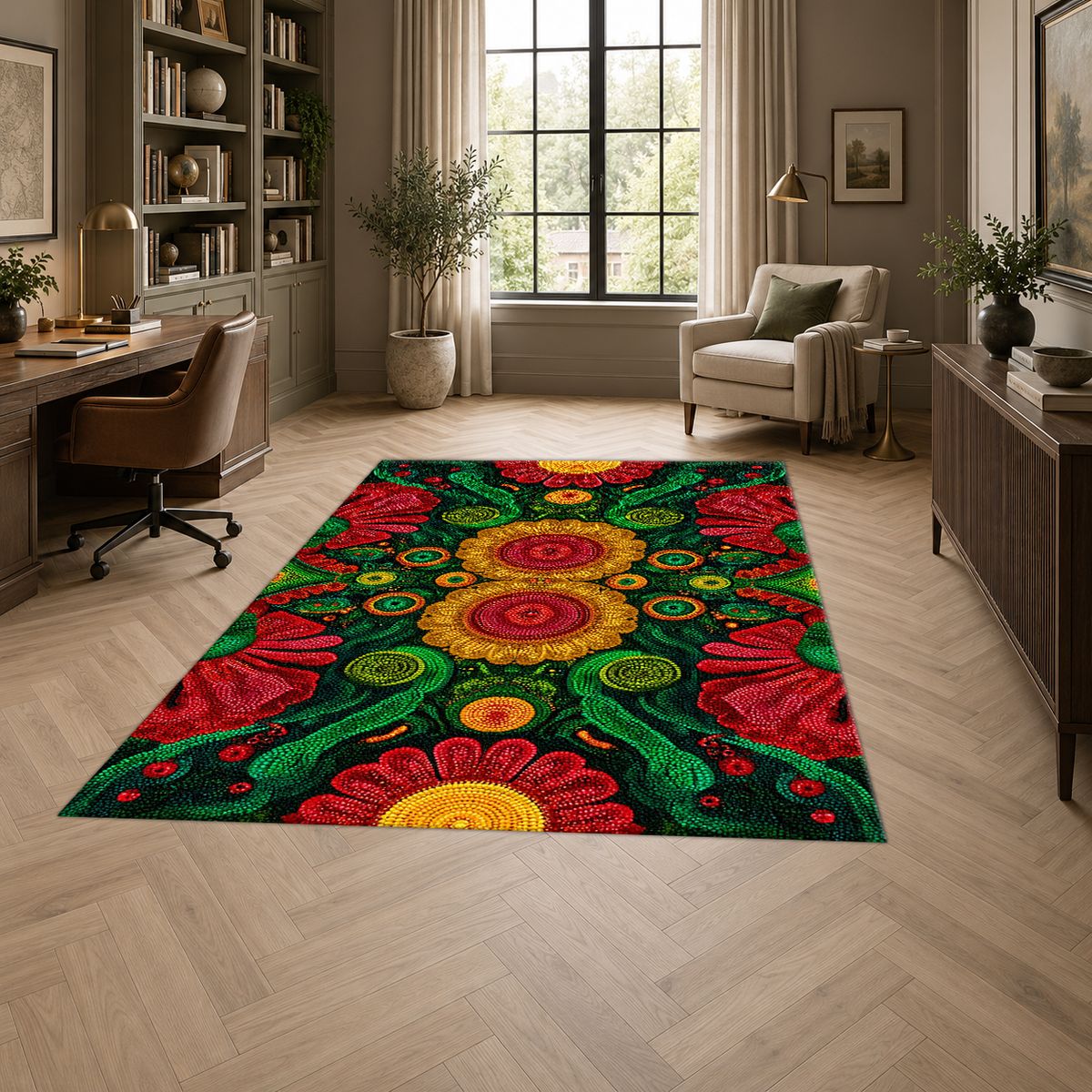Green and Red Sunflower Folk Art printed area rug