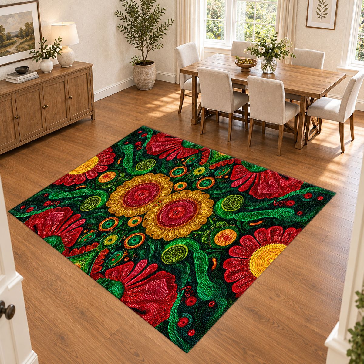 Green and Red Sunflower Folk Art printed area rug