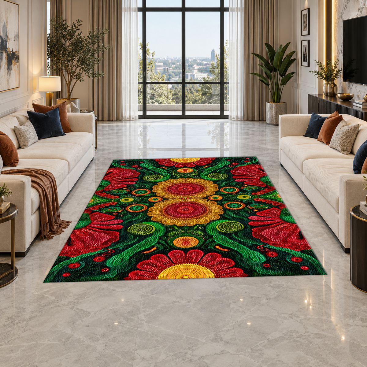 Green and Red Sunflower Folk Art printed area rug