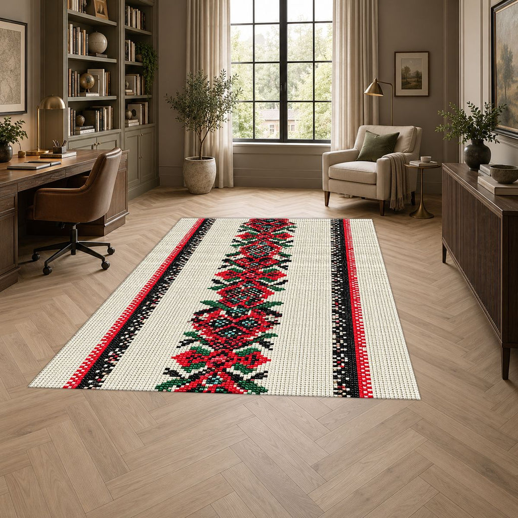 Red Cross Stitch Embroidery Runner printed area rug