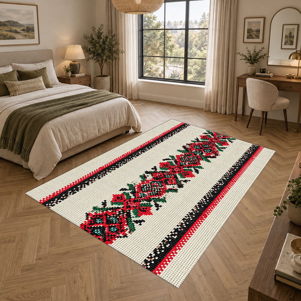 Red Cross Stitch Embroidery Runner printed area rug