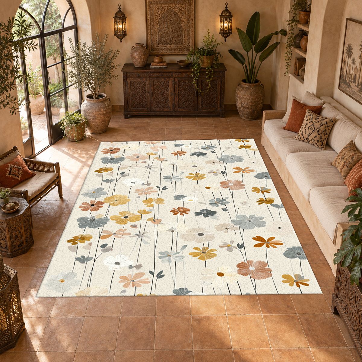 Cream Pastel Wildflower Meadow printed area rug