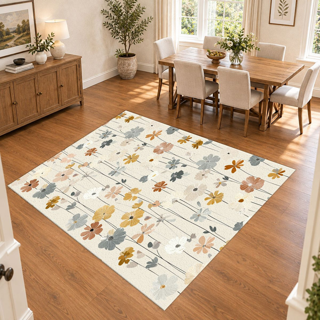 Cream Pastel Wildflower Meadow printed area rug