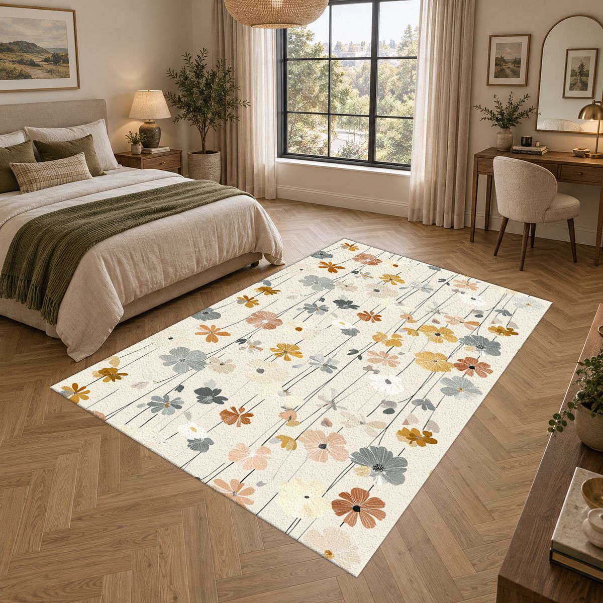Cream Pastel Wildflower Meadow printed area rug