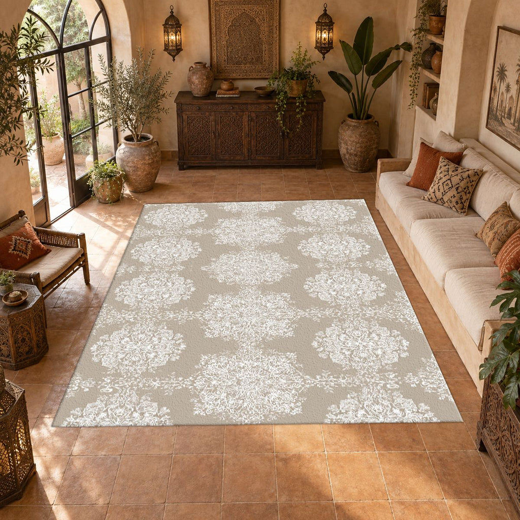 Taupe Tonal Damask printed area rug