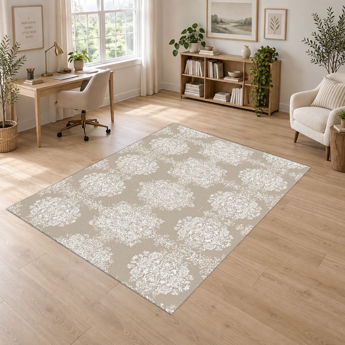 Taupe Tonal Damask printed area rug
