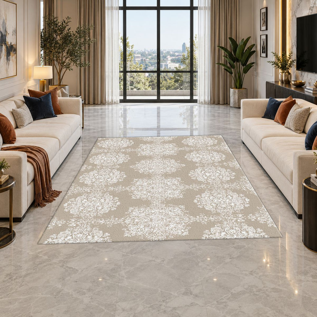 Taupe Tonal Damask printed area rug