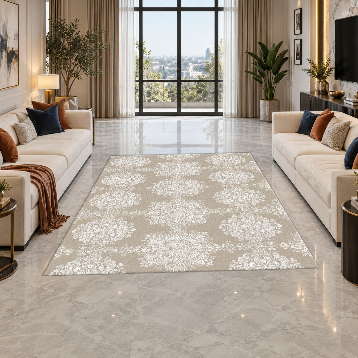 Taupe Tonal Damask printed area rug