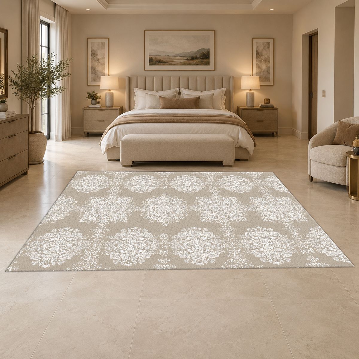 Taupe Tonal Damask printed area rug