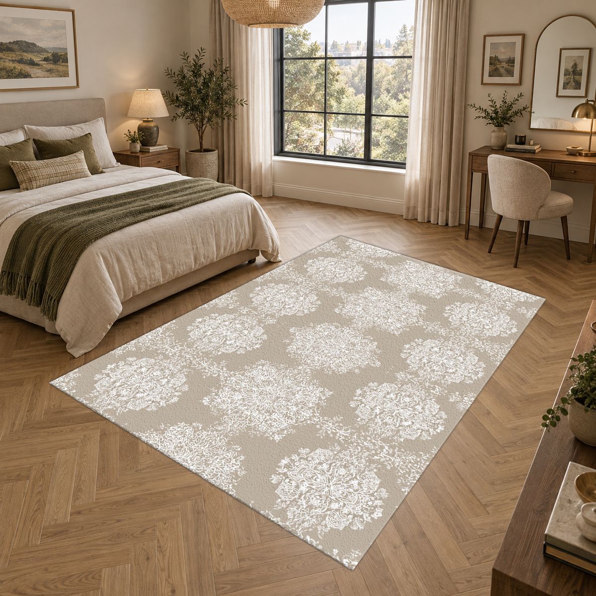Taupe Tonal Damask printed area rug