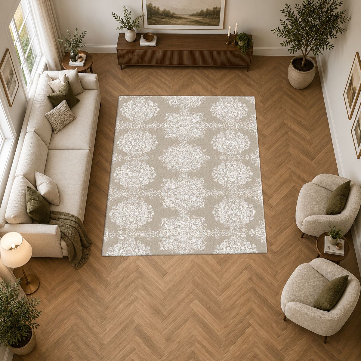 Taupe Tonal Damask printed area rug
