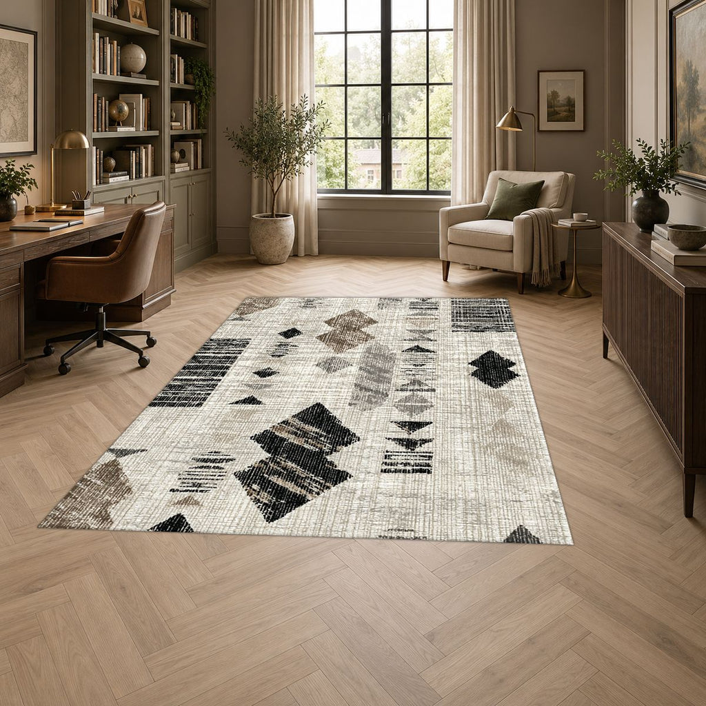Cream and Black Abstract Ikat printed area rug