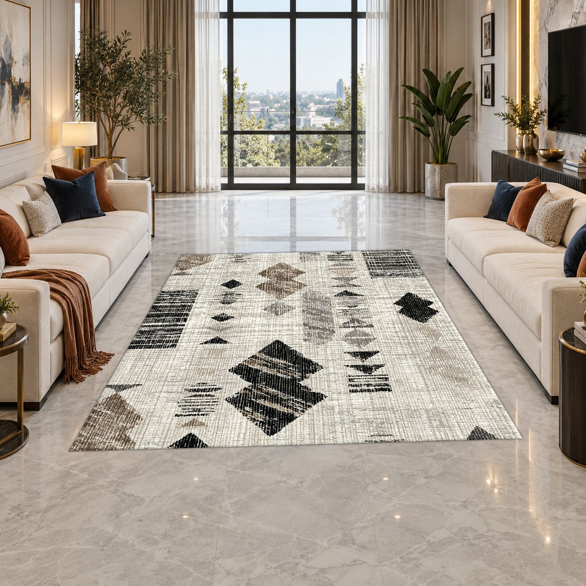 Cream and Black Abstract Ikat printed area rug