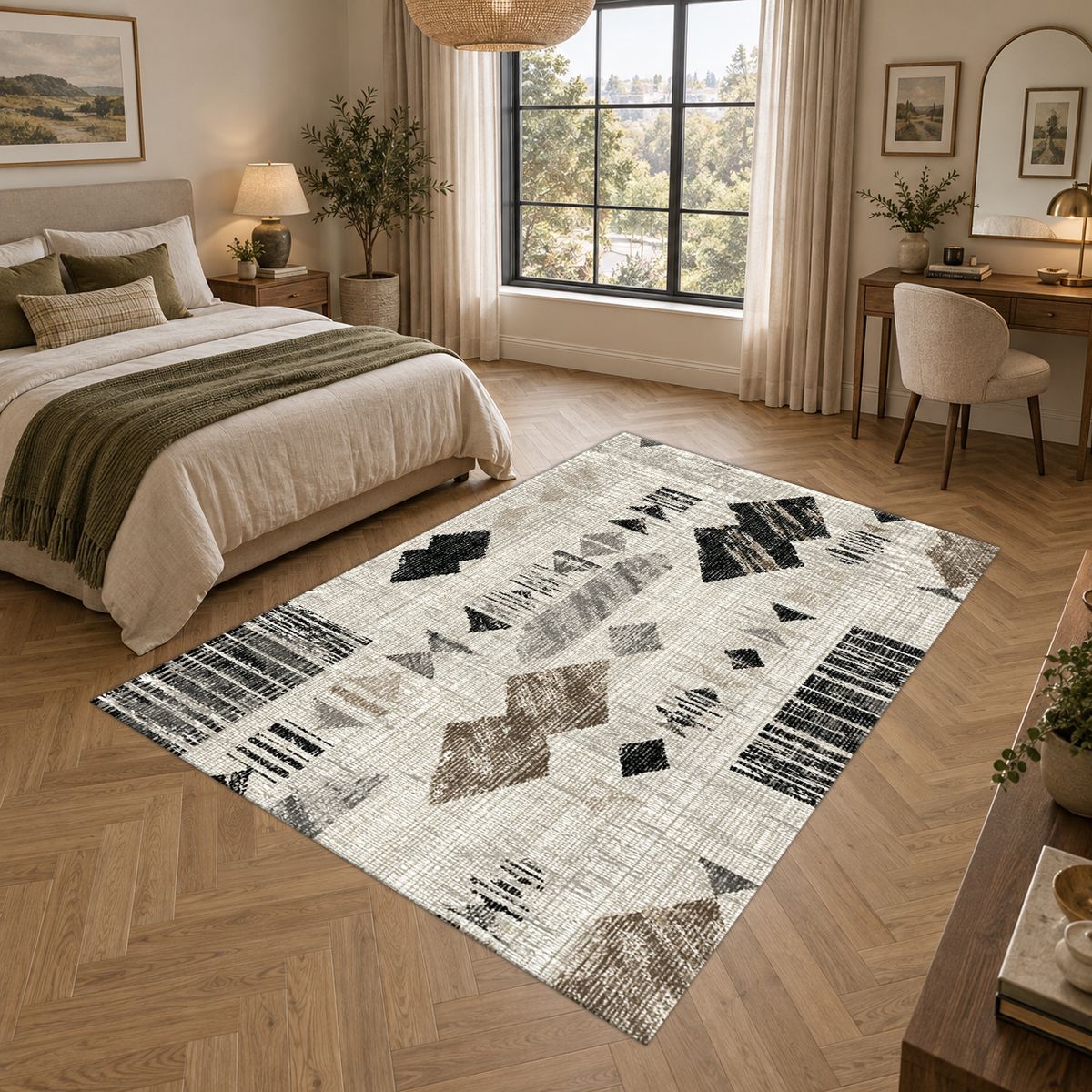 Cream and Black Abstract Ikat printed area rug