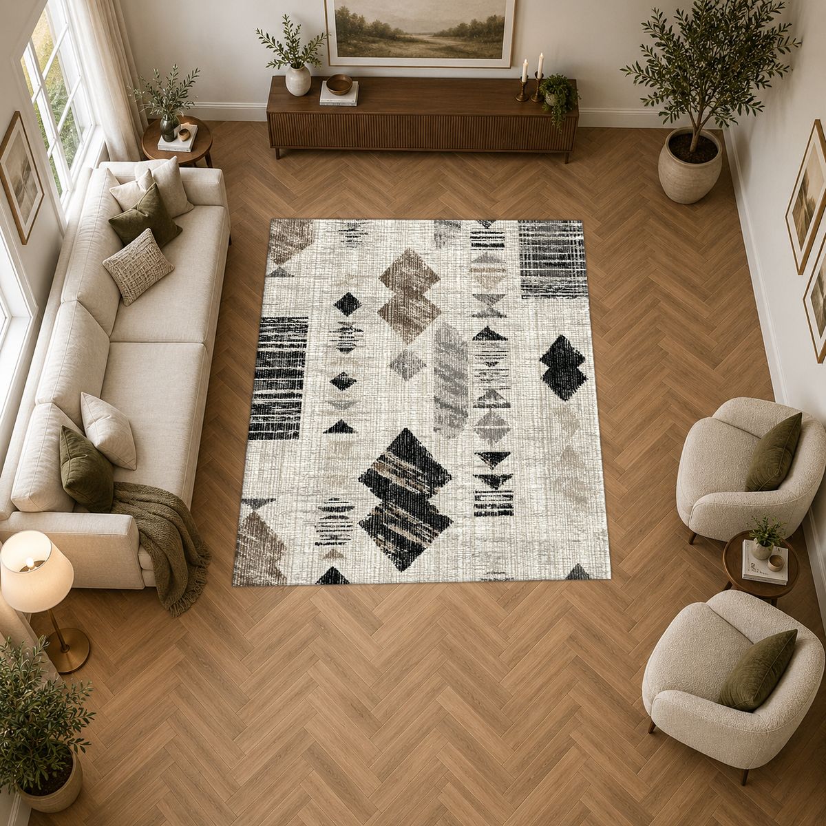 Cream and Black Abstract Ikat printed area rug