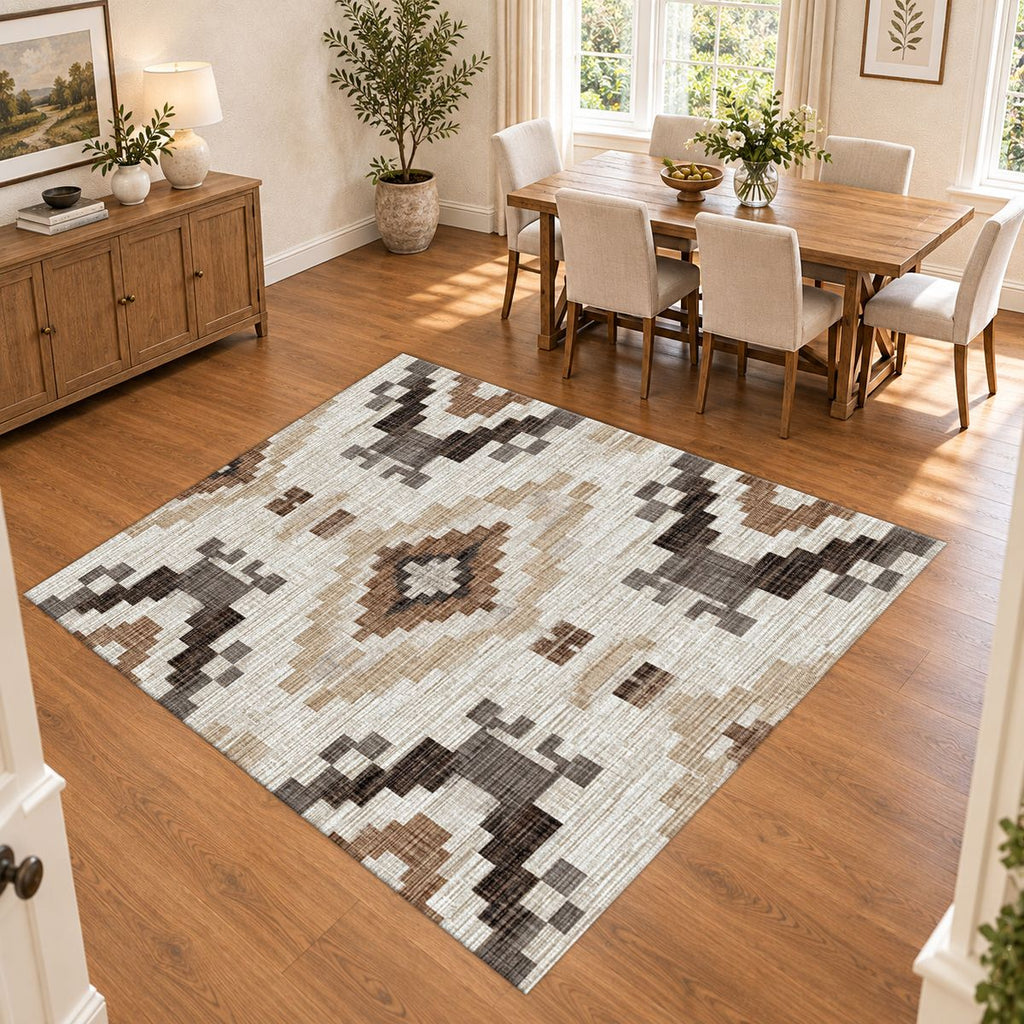 Cream and Brown Aztec Pattern printed area rug