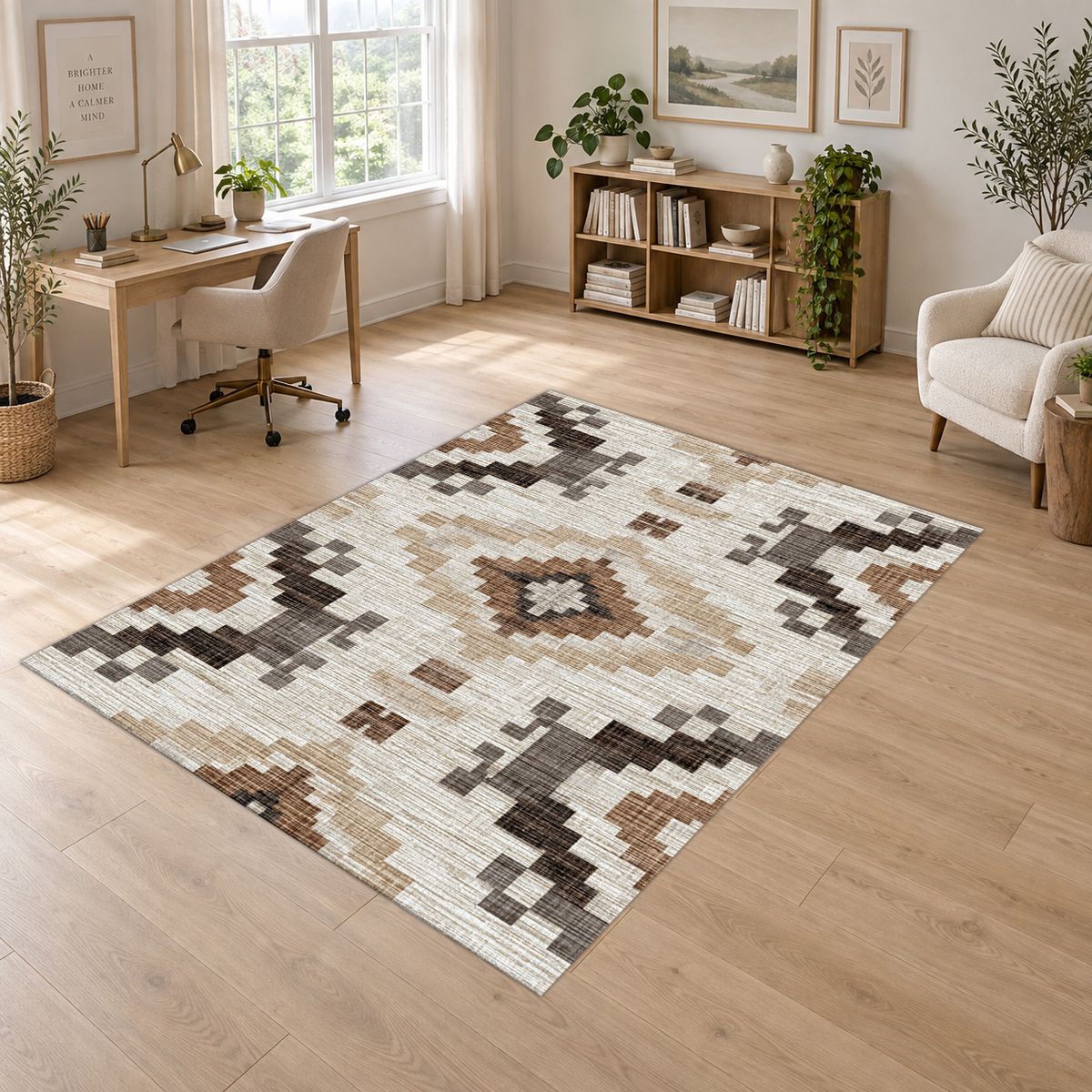 Cream and Brown Aztec Pattern printed area rug