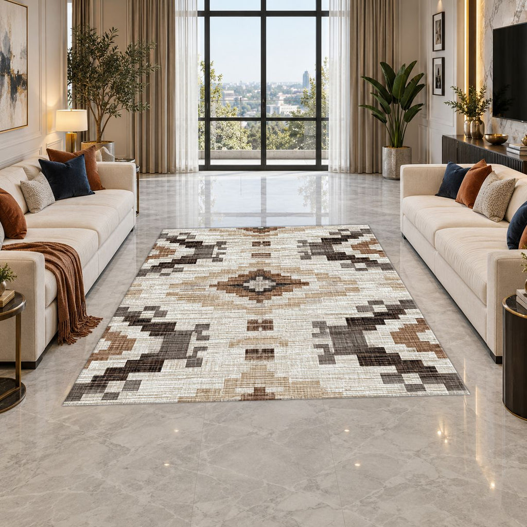 Cream and Brown Aztec Pattern printed area rug