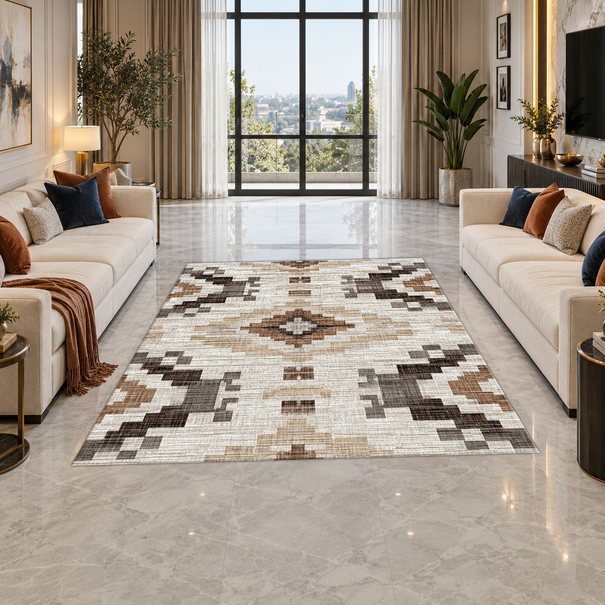 Cream and Brown Aztec Pattern printed area rug