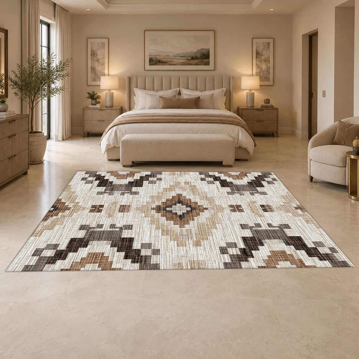 Cream and Brown Aztec Pattern printed area rug