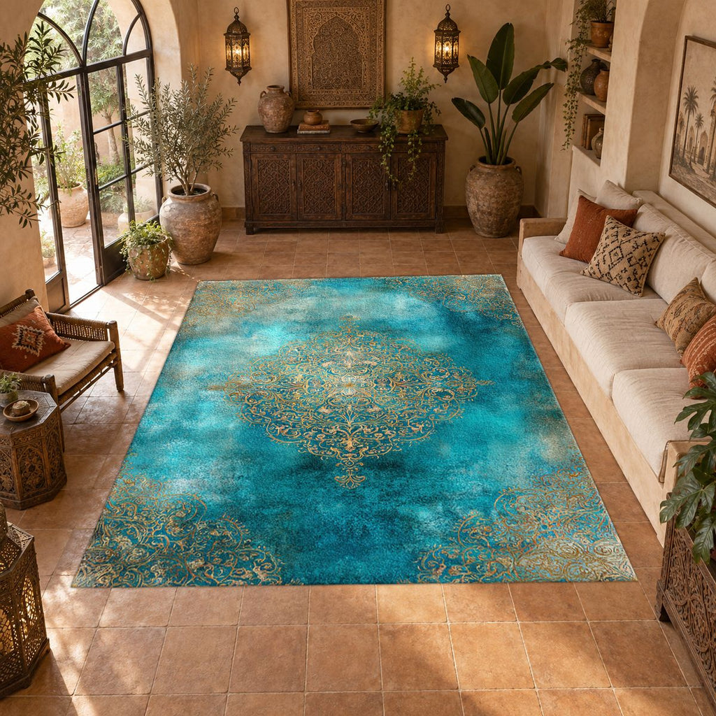 Turquoise Watercolor Gold Medallion printed area rug
